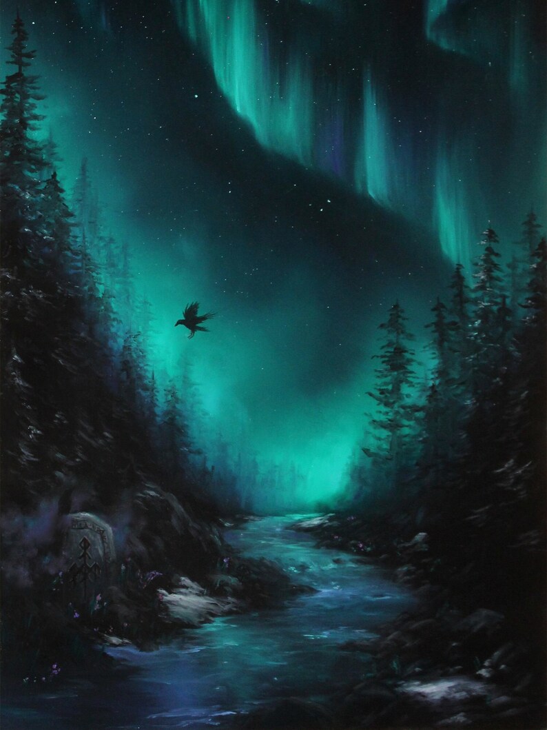 May include: A dark forest scene with a river flowing through it. The sky is filled with a vibrant green aurora borealis, and a single raven flies overhead. A stone with a rune carved into it sits on the riverbank.