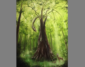 Art PRINT - Enchanted Dark Forest Dragon Hunting Deer Green Trees -  Fantasy Landscape Wall Art - Choose Size 4x6" 5x7" 8x10" 12x16" PRINTS