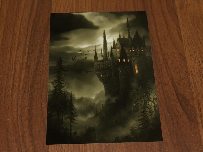 Konsttryck - Vampyrslott Herrgård Grönt Spöklikt Fantasilandskap Väggkonst - Välj Storlek 10x15 cm 13x18 cm 20x25 cm 30x43 cm TRYCK Print Only