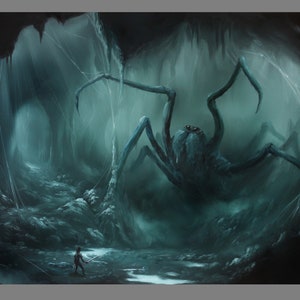 Puede incluir: Una ara&ntilde;a grande y azul con patas largas se encuentra en un espacio oscuro y cavernoso. La ara&ntilde;a est&aacute; rodeada de telara&ntilde;as y el suelo est&aacute; cubierto por una capa de hielo. Una peque&ntilde;a figura con una espada se encuentra en primer plano, frente a la ara&ntilde;a.