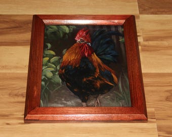 8x10" Original Oil Painting - Rooster Chicken Bird Farm Animal Rural Landscape Scenery - Small Wall Art