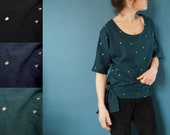 blouse en double gaze de coton noir, vert émeraude ou bleu marine et pois brodé argent