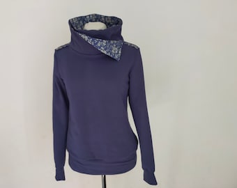 navy blue cotton fleece sweatshirt with high collar lined in liberty capel with ecru flowers