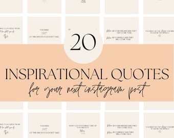 Op de afbeelding: Een collage van 20 inspirerende citaten voor Instagram-berichten. De citaten worden weergegeven op een beige achtergrond met zwarte tekst. De citaten omvatten: "Zonlicht is voedsel voor de ziel", "Je mist 100% van de schoten die je niet neemt", "Maar eerst, koffie", "Ik ben druk bezig met het werken aan mijn droomleven", "De beste manier om de toekomst te voorspellen is om die te bedenken", "De manier om geweldig werk te doen is om te houden van wat je doet", "Je moet de verandering zijn die je wilt zien in de wereld", "Laat gisteren niet te veel van vandaag in beslag nemen", "Volg je dromen en ze kunnen uitkomen. Volg jezelf en ze zullen uitkomen."