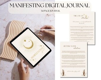 Op de afbeelding: Een digitaal dagboek met een gouden maan- en sterrenontwerp op de omslag. Het dagboek is open op een pagina met de titel "Setting Your Intentions" met tekst over het stellen van intenties en een gouden illustratie van handen die een maan vasthouden. De tekst "The Law of Attraction" is zichtbaar op een andere pagina.