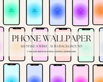 Op de afbeelding: Een set van zeven telefoonachtergronden met een verloopachtergrond en een subtiel aura-effect. De achtergronden zijn in verschillende kleuren, waaronder roze, blauw, groen en paars. De tekst "11:11 MAKE A WISH - AURA BACKGROUND" wordt weergegeven op de afbeelding. De tekst "7 COLOUR WAYS IN A PACK | DIGITAL DOWNLOAD!" wordt ook weergegeven op de afbeelding.