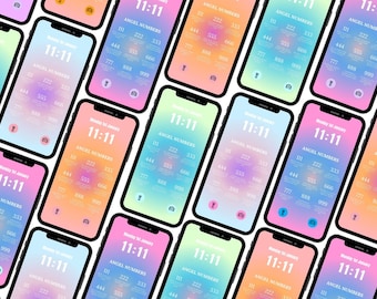 Op de afbeelding: Een patroon van meerdere smartphone-schermen die de tijd 11:11 weergeven met de tekst "Angel Numbers" en een lijst met nummers. De schermen zijn in een rasterpatroon gerangschikt en hebben een verloopachtergrond in roze, blauw en geel.