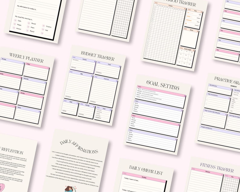 Op de afbeelding: Een set printbare plannerpagina's met een roze en paarse kleurschema. De pagina's bevatten een weekplanner, budgettracker, doelstelling, dagelijkse affirmaties, dagelijkse checklist, fitnesstracker en dankbaarheid oefenen.