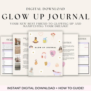 Op de afbeelding: Een digitale download voor een "Glow Up Journal" met een roze en witte kleurstelling. Het dagboek bevat secties voor doelen, tijd om te reflecteren, reflectie en houding. De omslag toont een vrouw met een roze hijab, een hart, een glas limonade, een bad en koptelefoon.