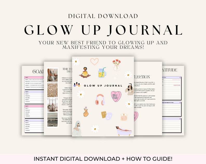 Op de afbeelding: Een digitale download voor een "Glow Up Journal" met een roze en witte kleurstelling. Het dagboek bevat secties voor doelen, tijd om te reflecteren, reflectie en houding. De omslag toont een vrouw met een roze hijab, een hart, een glas limonade, een bad en koptelefoon.