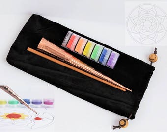 DIY craft project Sand Mandala. ChakPur Sand Painting Art Kit. Rangoli Tool. Powder Enamel Glass Frit applicator.