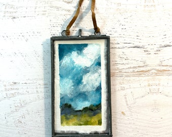 Framed original  landscape painting, farmhouse decor, plein air painting, ready to hang art, cloud painting, small art, art as gift