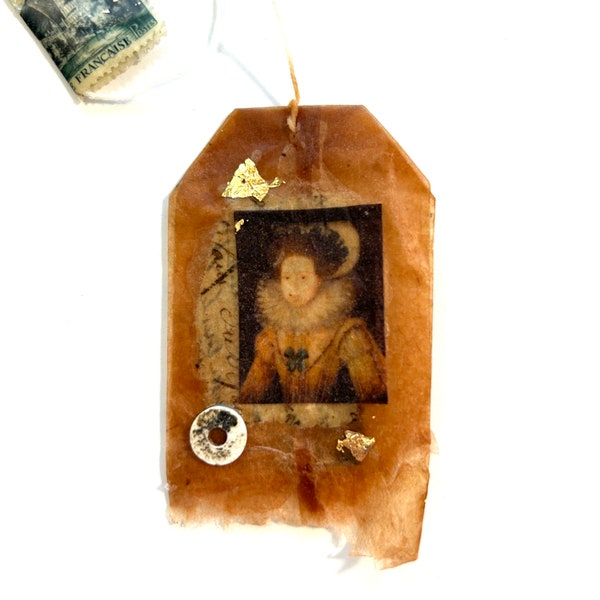 Tea bag encaustic collage, tea bag art, collage art, encaustic art, gift for her, tiny art, art as a gift, vintage photo art, queen art