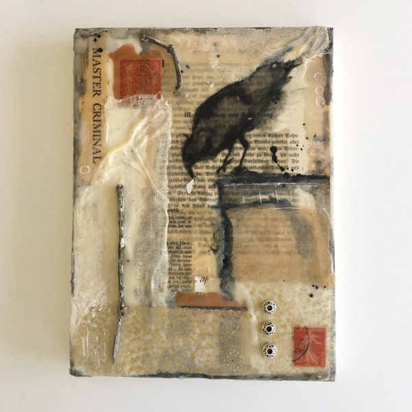 Crow art, 6x8 original encaustic collage, encaustic art, ink drawing, bird art, ready to hang art, black, sepia, vintage ephemera, gothic