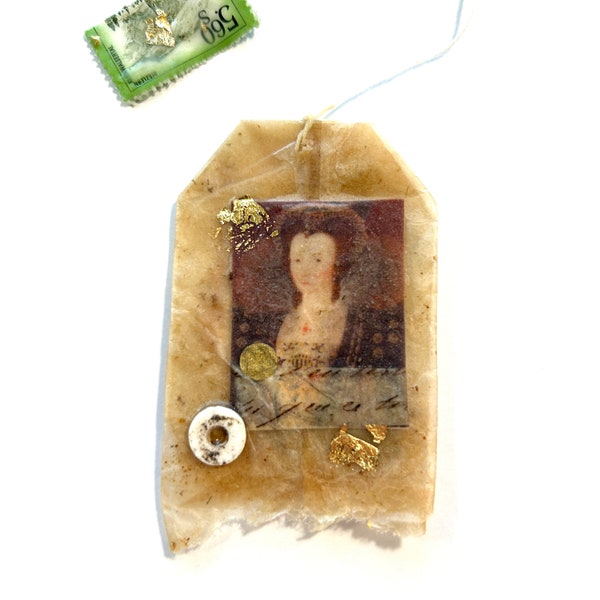 Tea bag encaustic collage, tea bag art, collage art, encaustic art, gift for her, tiny art, art as a gift, vintage photo art, queen art