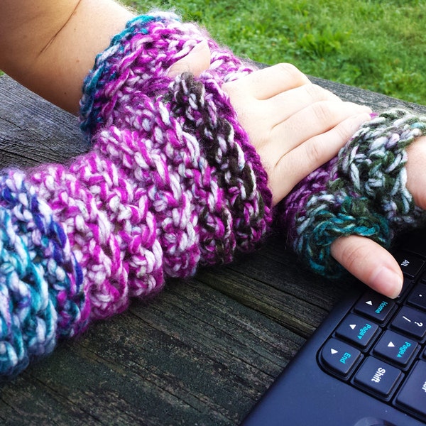 CROCHET PATTERN: Wrist warmers shown in shades of purple, pink, teal, forest green, dark brown and white PDF and Free Spider mums pattern