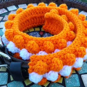 May include: Orange and white crocheted dog collar with a leather strap and silver buckle.
