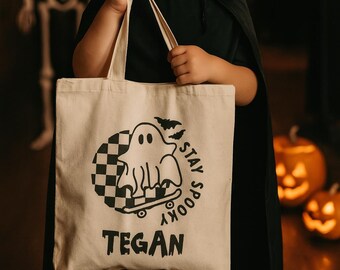 Stay Spooky Ghost Halloween Trick or Treat Bag, Candy Bag for Kids, Halloween Tote Bag, Gift for Boys