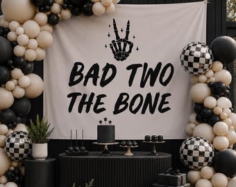 Bad Two the Bone Birthday Backdrop: Halloween Skeleton Banner