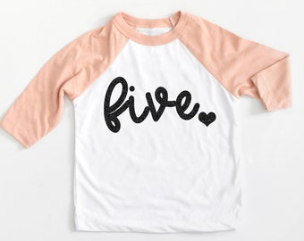 Girls 5th Birthday Shirt - Fifth Birthday Shirt - Five Heart Glitter Raglan Birthday Outfit - Gift for Niece or Grandaughter