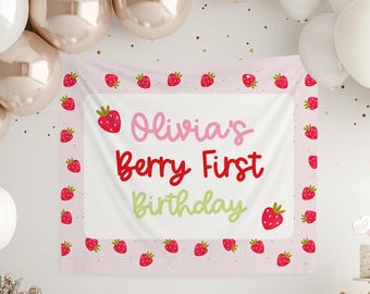 Berry First Birthday Banner: Strawberry Party Decorations
