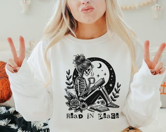 Retro Ghost Reading Books Sweatshirt, Librarian Halloween Shirt, Book Lover Gift, Spooky Skeleton Crewneck