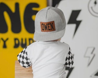 Personalized Kids Trucker Hat | Custom Name Snapback for Baby, Leather Patch