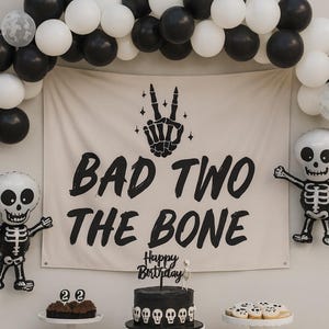 Bad Two the Bone Birthday Backdrop: Halloween Skeleton Banner