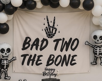 Bad Two the Bone Birthday Backdrop: Halloween Skeleton Banner