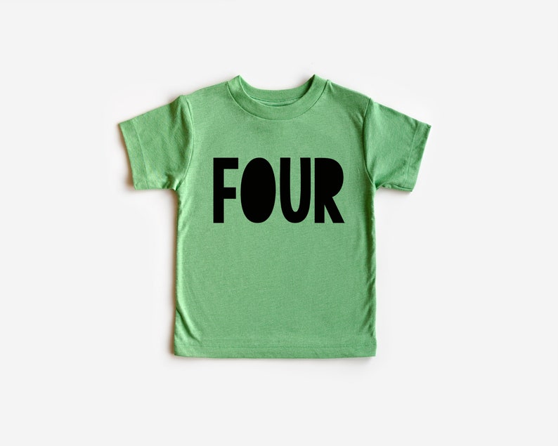 May include: A green short-sleeved t-shirt with the word "FOUR" printed in black on the front.