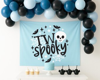 Dos pancartas de cumpleaños espeluznantes para niño, fondo de Halloween para el segundo cumpleaños, decoración de fiesta de fantasmas azules, letrero para el segundo cumpleaños de niño