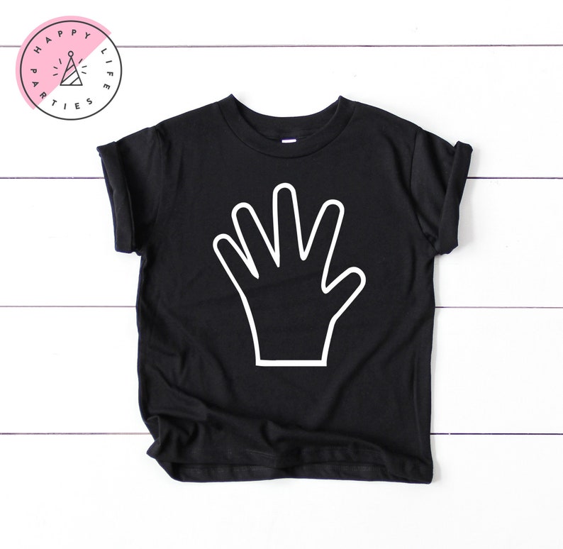 May include: Black t-shirt with a white outline of a hand with five fingers raised in a high five gesture.