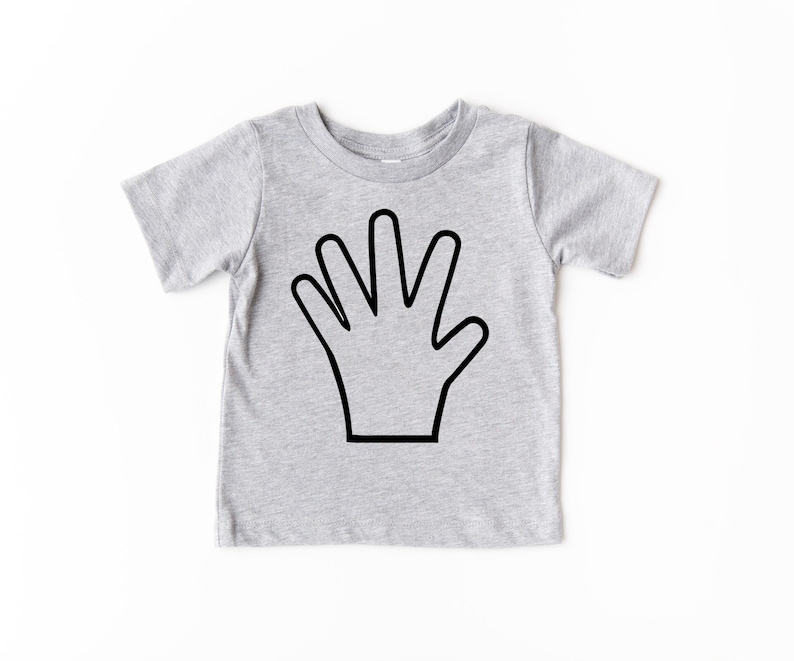 May include: A grey short-sleeved t-shirt with a black outline of a hand with five fingers raised.