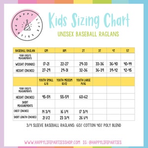 May include: A colorful chart with a baseball logo and the text "Kids Sizing Chart" and "Unisex Baseball Raglans". The chart shows sizes for baseball raglan shirts in inches and pounds for children's sizes 12M, 18M, 2T, 3T, 4T, and 5T. The chart also includes youth sizes 6/8, 10/12, and 14/16.
