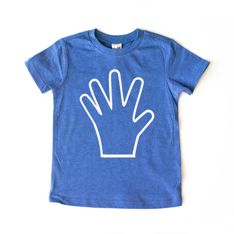 May include: A blue short-sleeved t-shirt with a white outline of a hand with five fingers raised in a high five gesture.