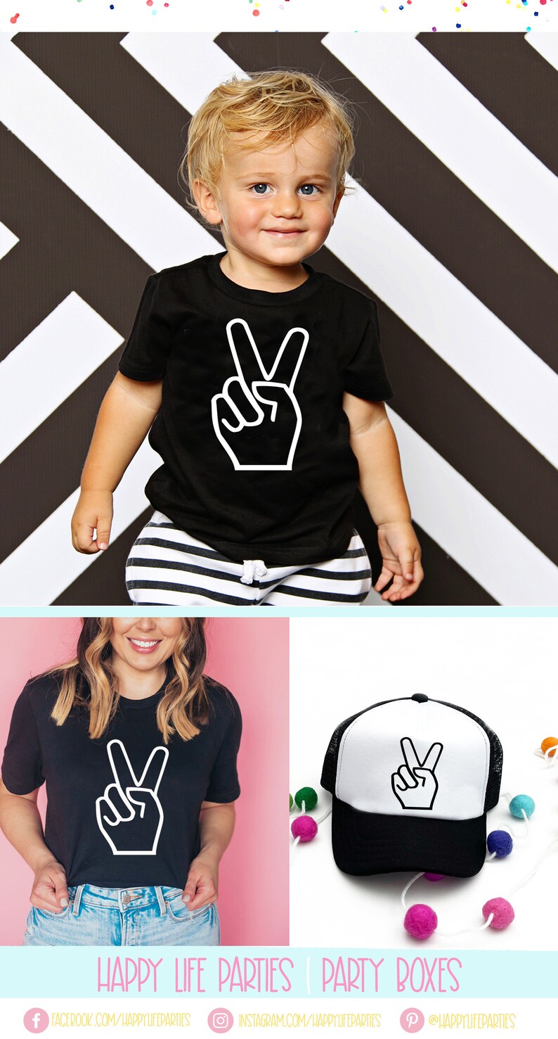 May include: A black t-shirt with a white peace sign graphic. A black and white trucker hat with a white peace sign graphic. The text "HAPPY LIFE PARTIES | PARTY BOXES" is at the bottom of the image. Social media icons and links are included.