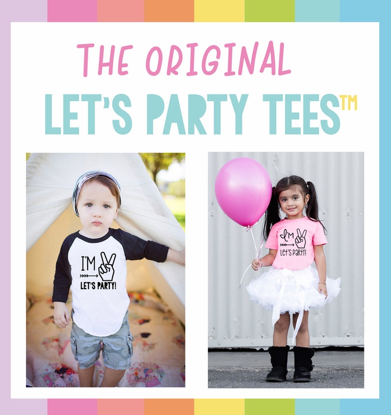 May include: Two children wearing pink and white shirts with the text "I'm _ Let's Party!" and a peace sign. The children are standing in front of a white wall and a green wall.
