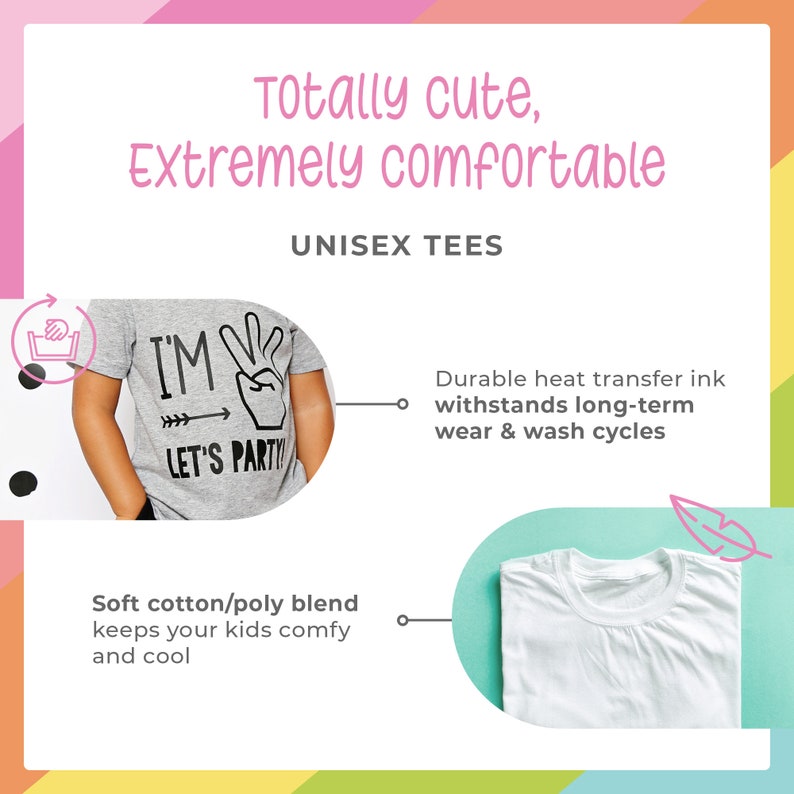 Puede incluir: Imagen de una camiseta unisex gris con el texto "I'M LET'S PARTY" y un gr&aacute;fico de signo de la paz. La imagen tambi&eacute;n muestra una camiseta blanca. El texto "Totally cute, Extremely comfortable" se muestra encima de las palabras "UNISEX TEES".