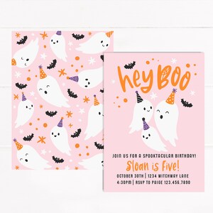 May include: Pink Halloween-themed invitation with the text "hey Boo" and illustrations of ghosts and bats. The invitation includes the text "Sloan is Five!" and party details. A matching patterned card with ghosts, bats, and stars is also shown.