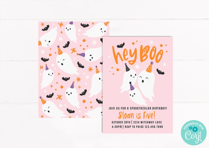 May include: Pink Halloween-themed invitation with the text "hey Boo" and illustrations of ghosts and bats. The invitation includes the text "Sloan is Five!" and party details. A matching patterned card with ghosts, bats, and stars is also shown.