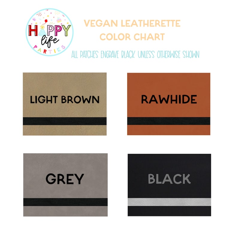 May include: Colour chart for vegan leatherette in four colours: light brown, rawhide, grey, and black. Each colour swatch has a black stripe across the bottom.