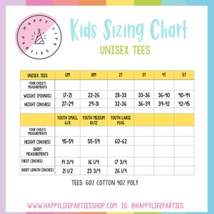 May include: A yellow and white chart with the title "Kids Sizing Chart" and the subtitle "Unisex Tees". The chart shows sizes for unisex tees in inches and pounds for children from 12 months to 5T. The chart also includes youth sizes for small, medium, and large.