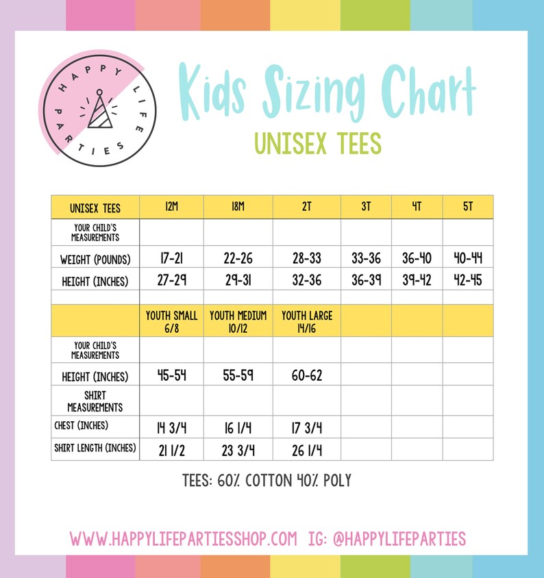 May include: A yellow and white chart with the title "Kids Sizing Chart" and the subtitle "Unisex Tees". The chart shows sizes for unisex tees in inches and pounds for children from 12 months to 5T. The chart also includes youth sizes for small, medium, and large.
