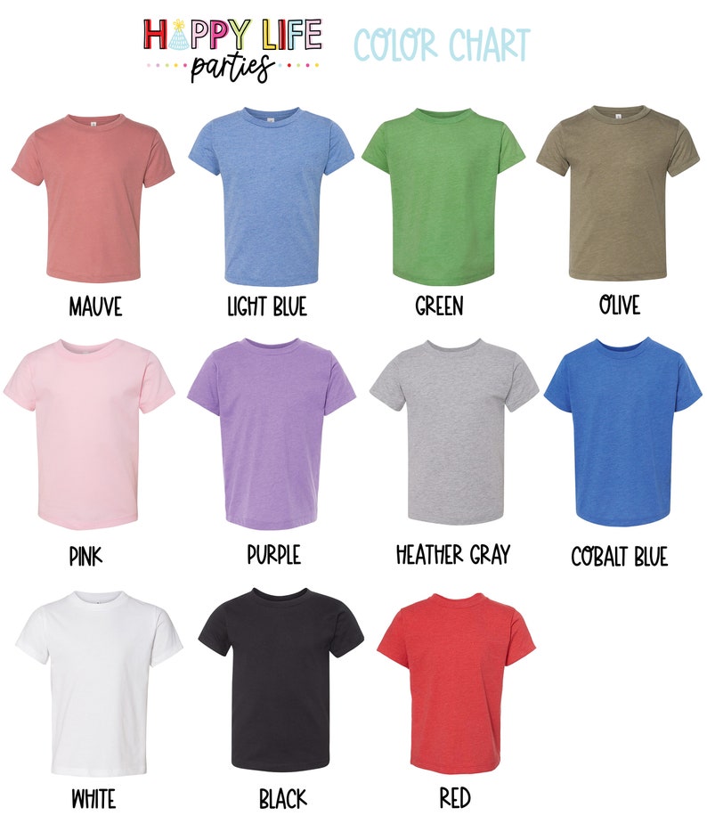 May include: Colour chart showing 12 different t-shirt colours. The colours are: mauve, light blue, green, olive, pink, purple, heather grey, cobalt blue, white, black, and red.