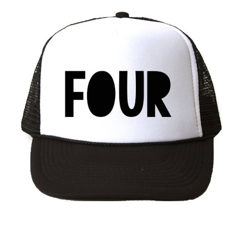 May include: A white and black trucker hat with the word "FOUR" in black letters on the front. The hat has a black mesh back.