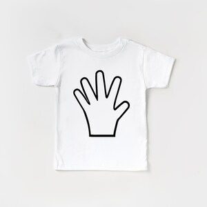 May include: White t-shirt with a black outline of a hand with five fingers raised in a wave.