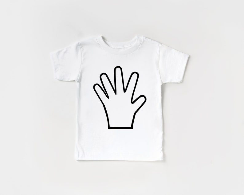 May include: White t-shirt with a black outline of a hand with five fingers raised in a wave.