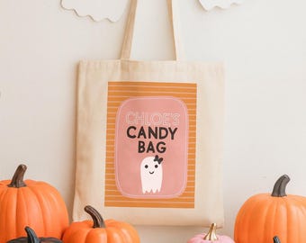 Halloween Trick or Treat Tote Bag, Girls Personalized Name, Cute Ghost Halloween Candy Bag, Gift for Girls