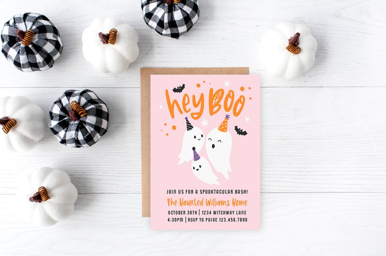 May include: A pink Halloween party invitation with the words "hey Boo" in orange. The invitation features cartoon ghosts wearing party hats and bats. White and black plaid pumpkins and white pumpkins surround the invitation.