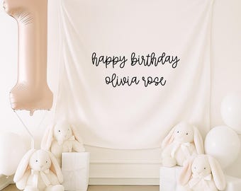 Personalized Birthday Name Banner, Custom Boho Backdrop, Linen Fabric Sign, First Birthday